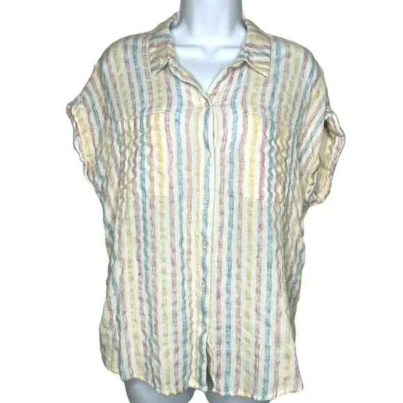 LUCKY BRAND Wms Sz L Pastel Stripe Tie Wrap Back Short Sleeve Top Blouse 7W45351 - Picture 2 of 11